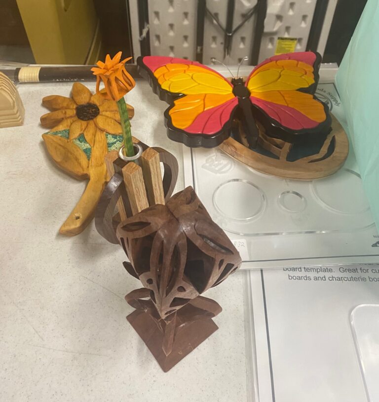 Juanita's Butterfly, Bud Vase, flower, and Faberge Egg scroll saw project